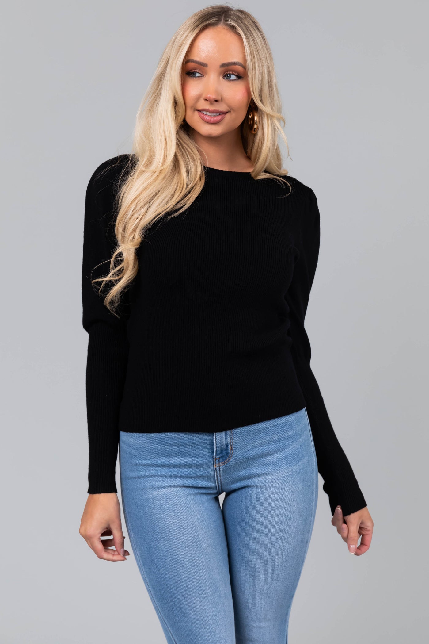 Black Elongated Cuff Ribbed Knit Sweater