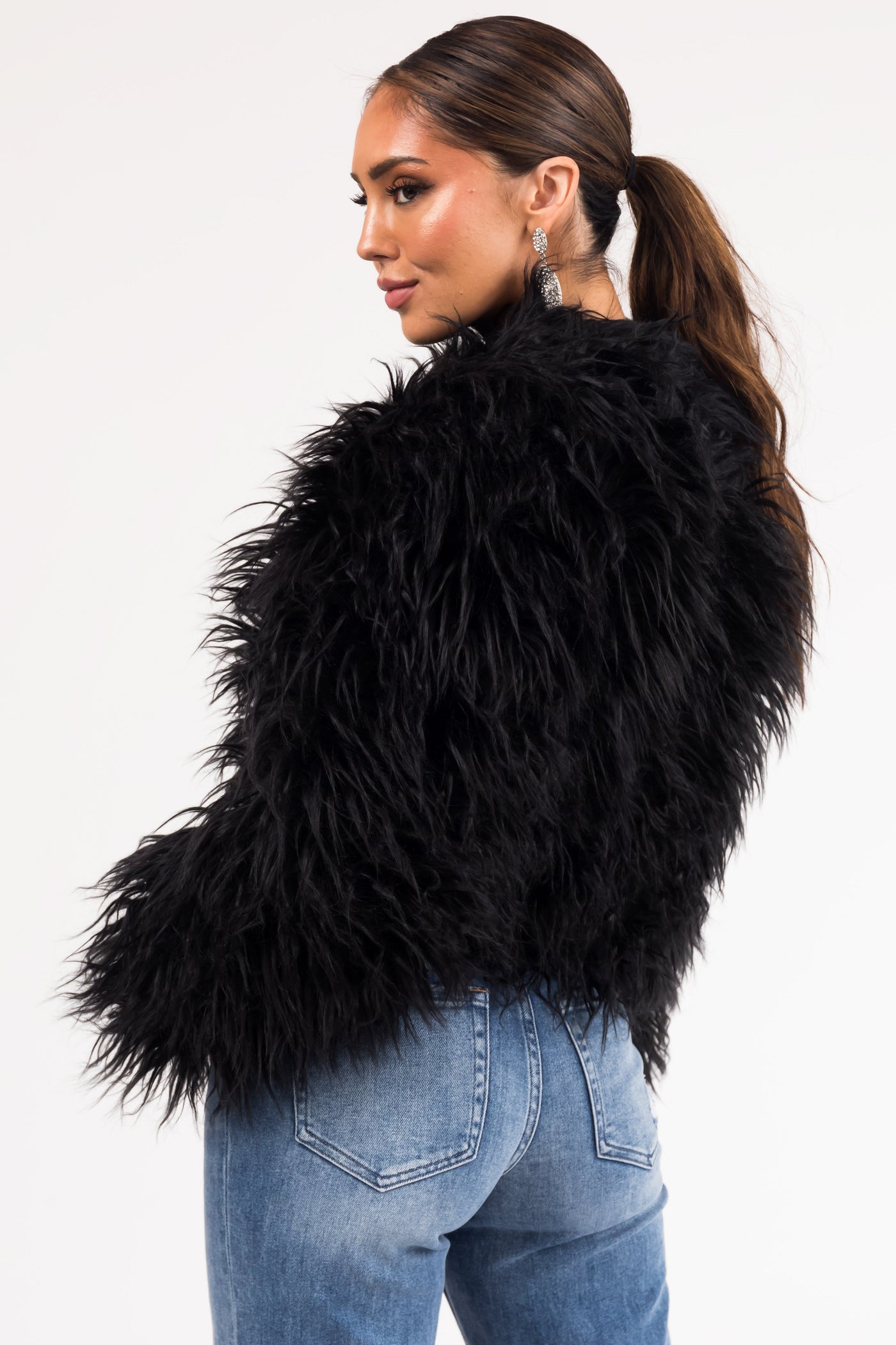 Black Faux Fur Hook Closure Long Sleeve Jacket