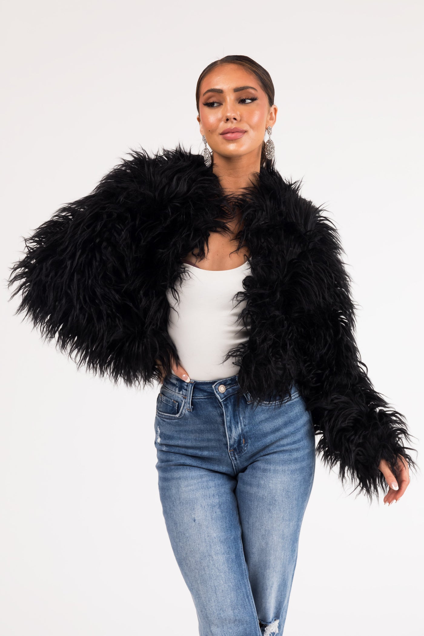 Black Faux Fur Hook Closure Long Sleeve Jacket