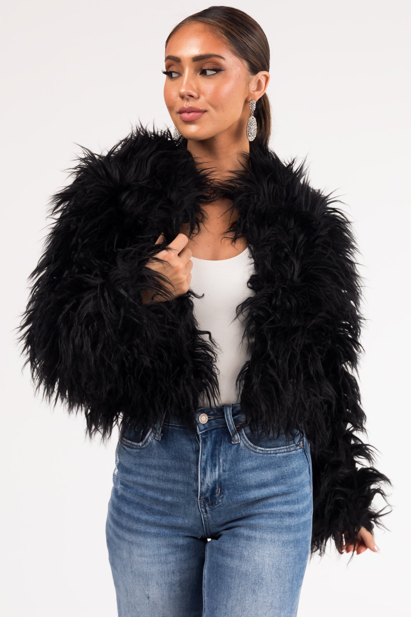 Black Faux Fur Hook Closure Long Sleeve Jacket