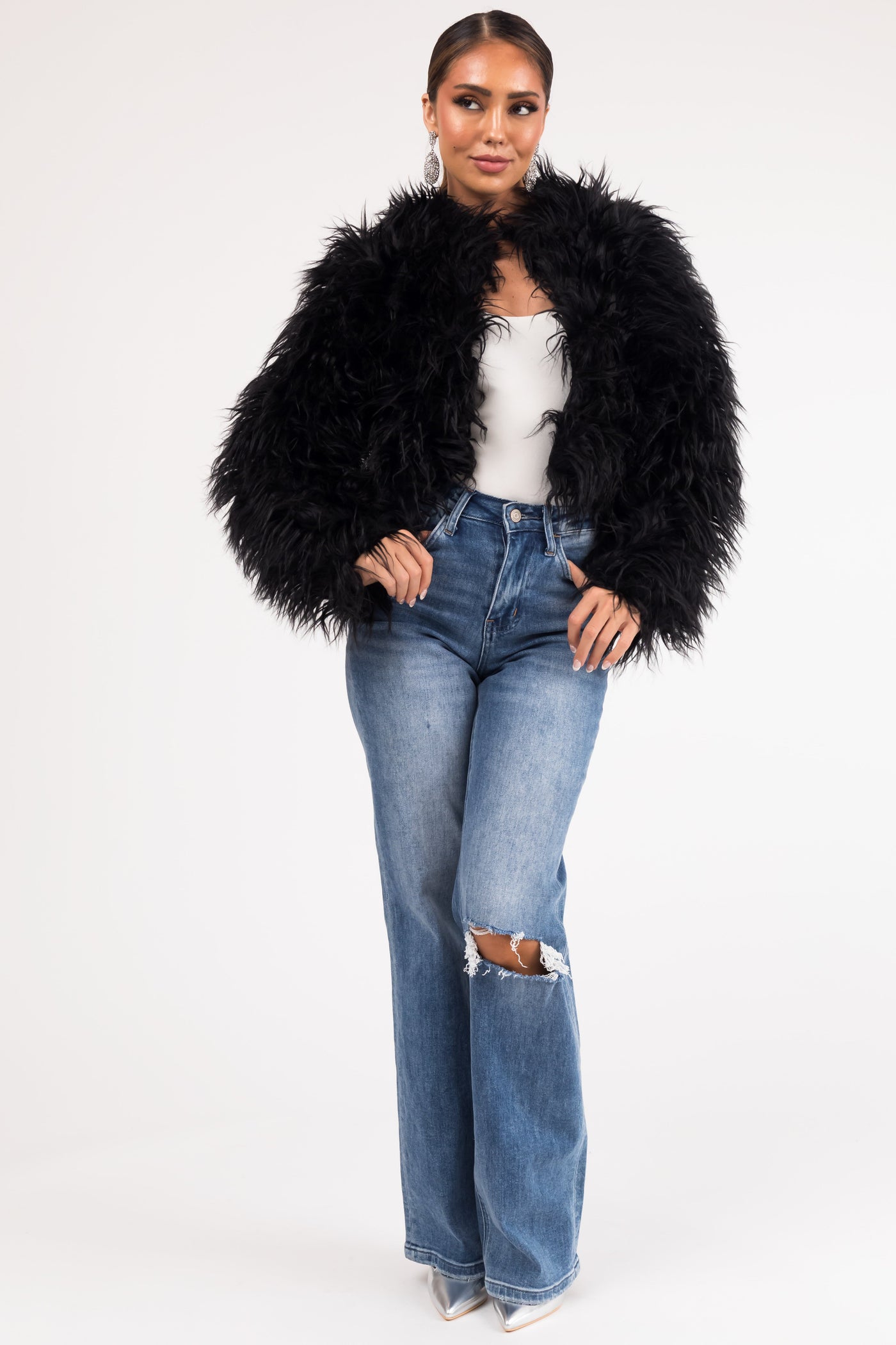 Black Faux Fur Hook Closure Long Sleeve Jacket