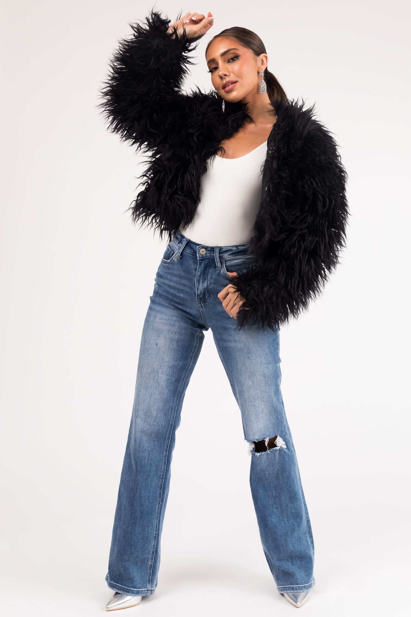 Black Faux Fur Hook Closure Long Sleeve Jacket