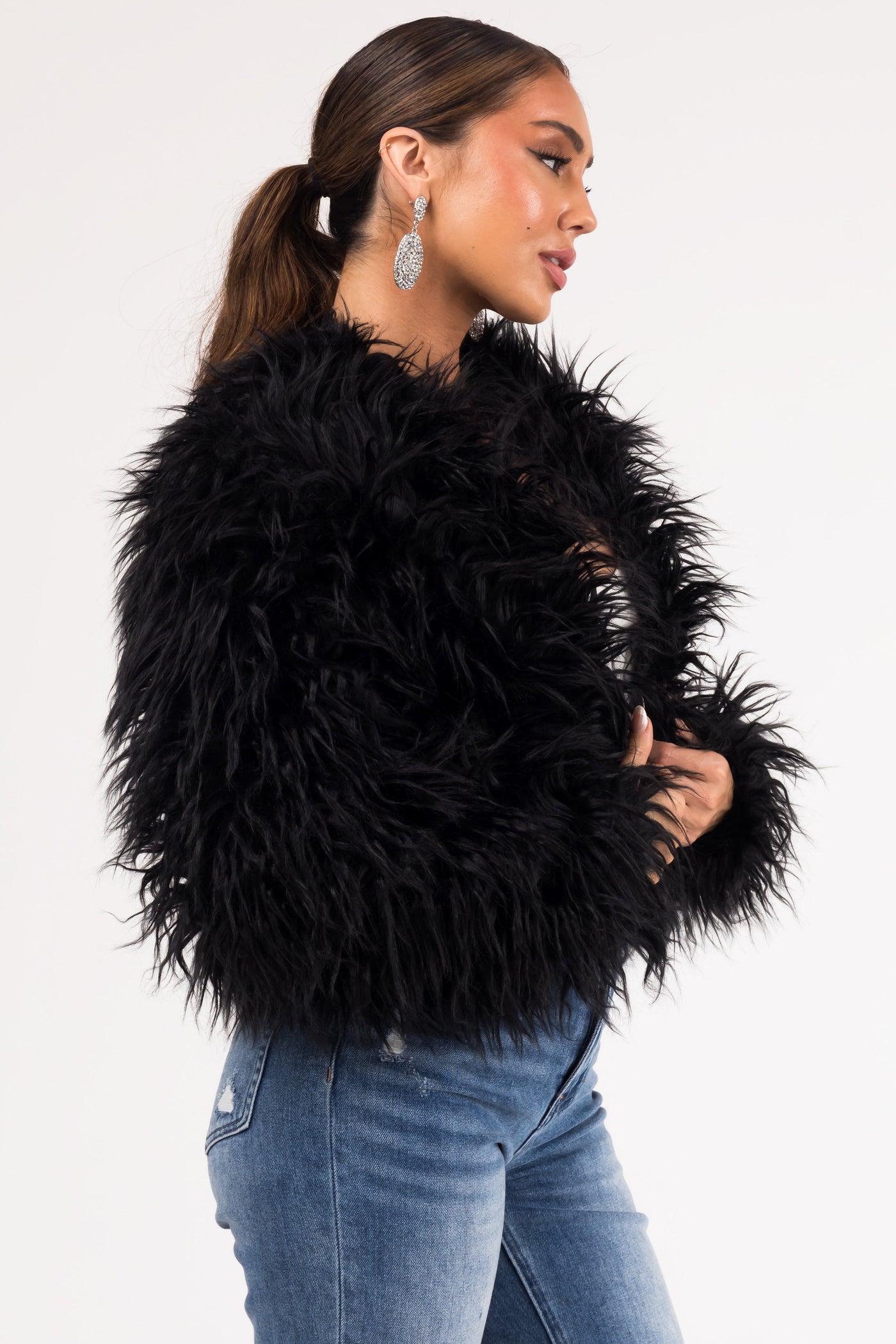 Black Faux Fur Hook Closure Long Sleeve Jacket