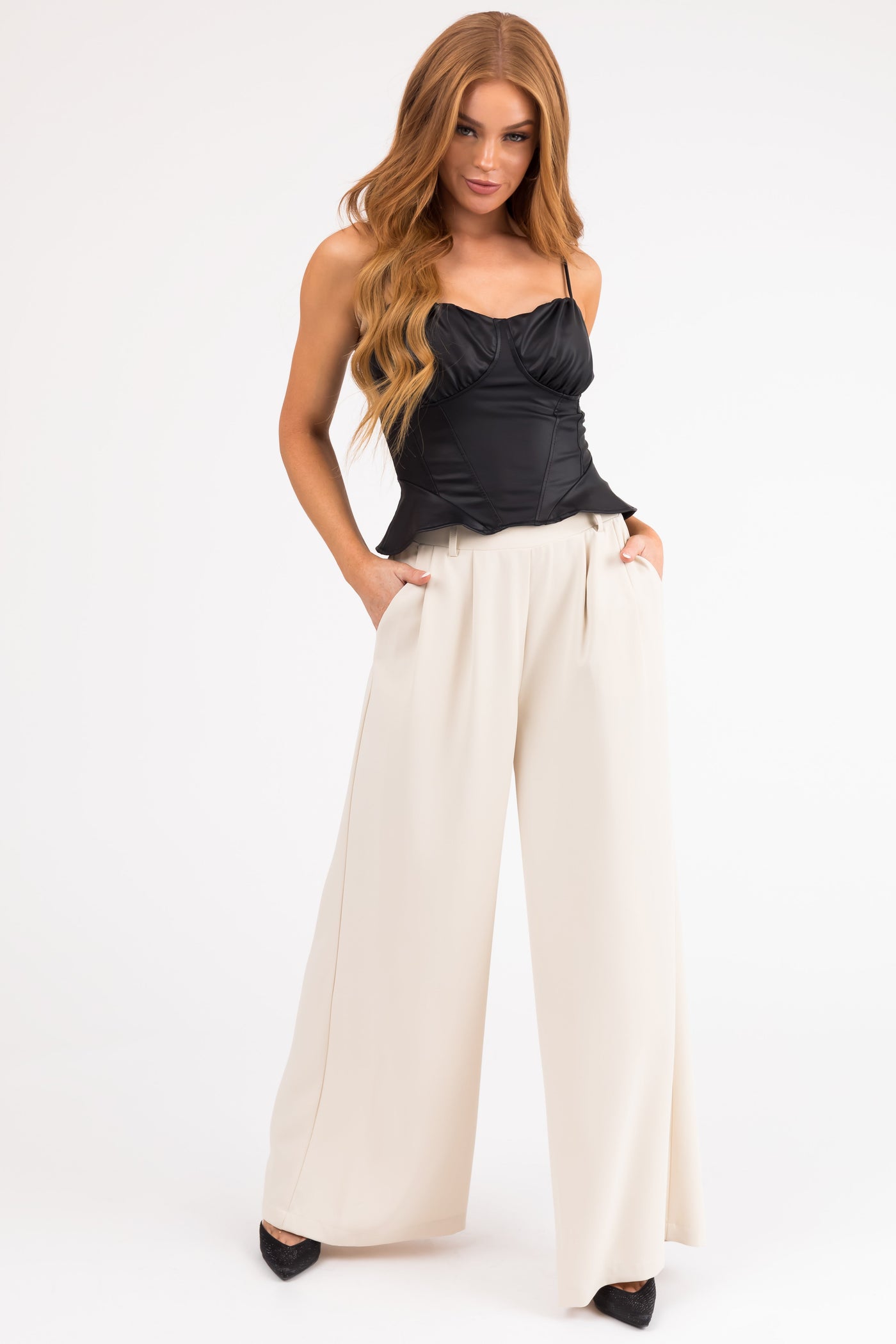 Black Faux Leather Bustier Flare Tank Top