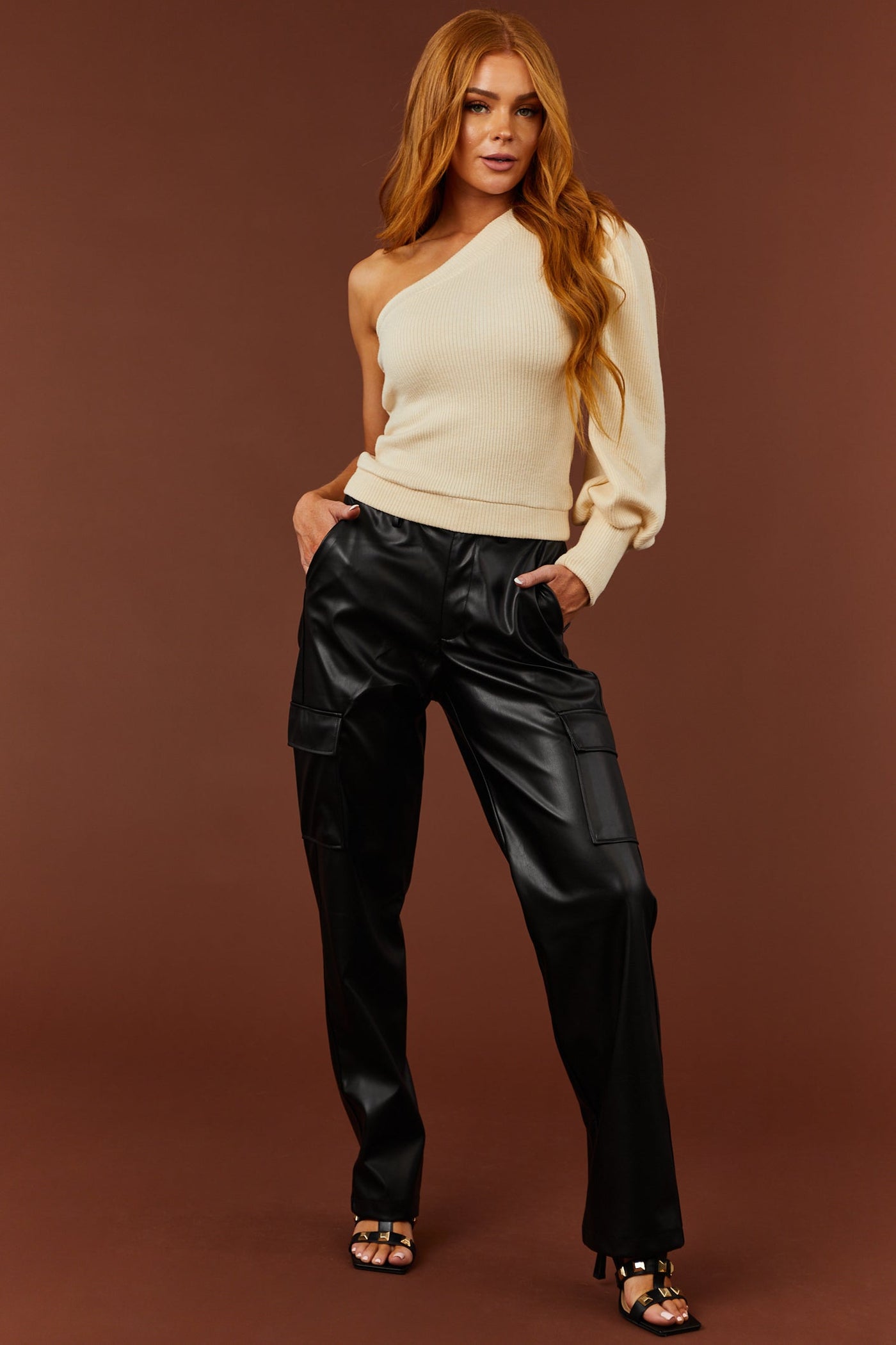 Black Faux Leather Cargo Straight Leg Pants