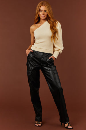 Black Faux Leather Cargo Straight Leg Pants