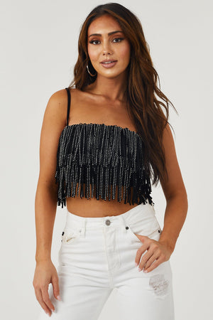 Black Faux Suede Rhinestone Studded Fringe Top