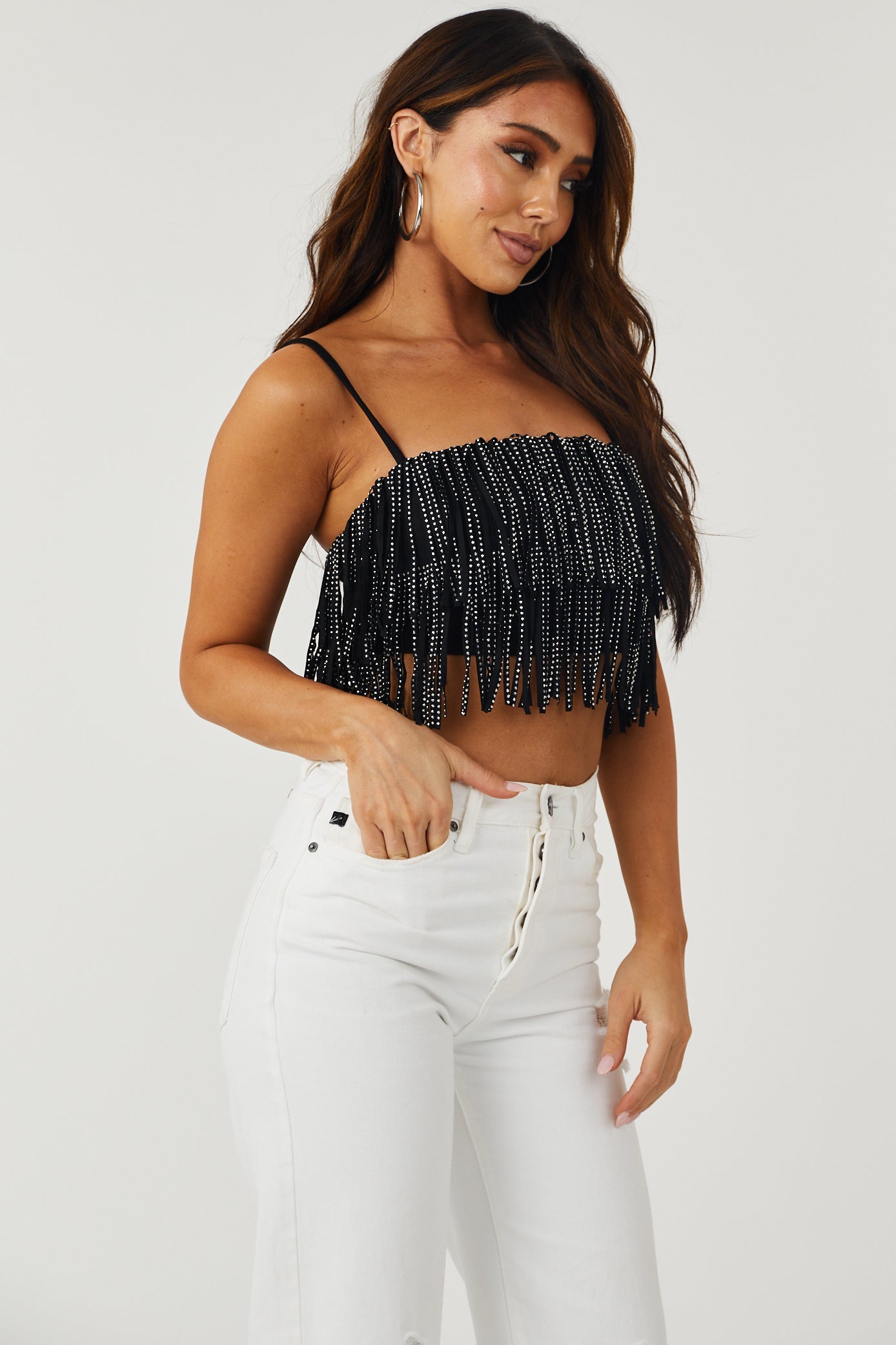 Black Faux Suede Rhinestone Studded Fringe Top
