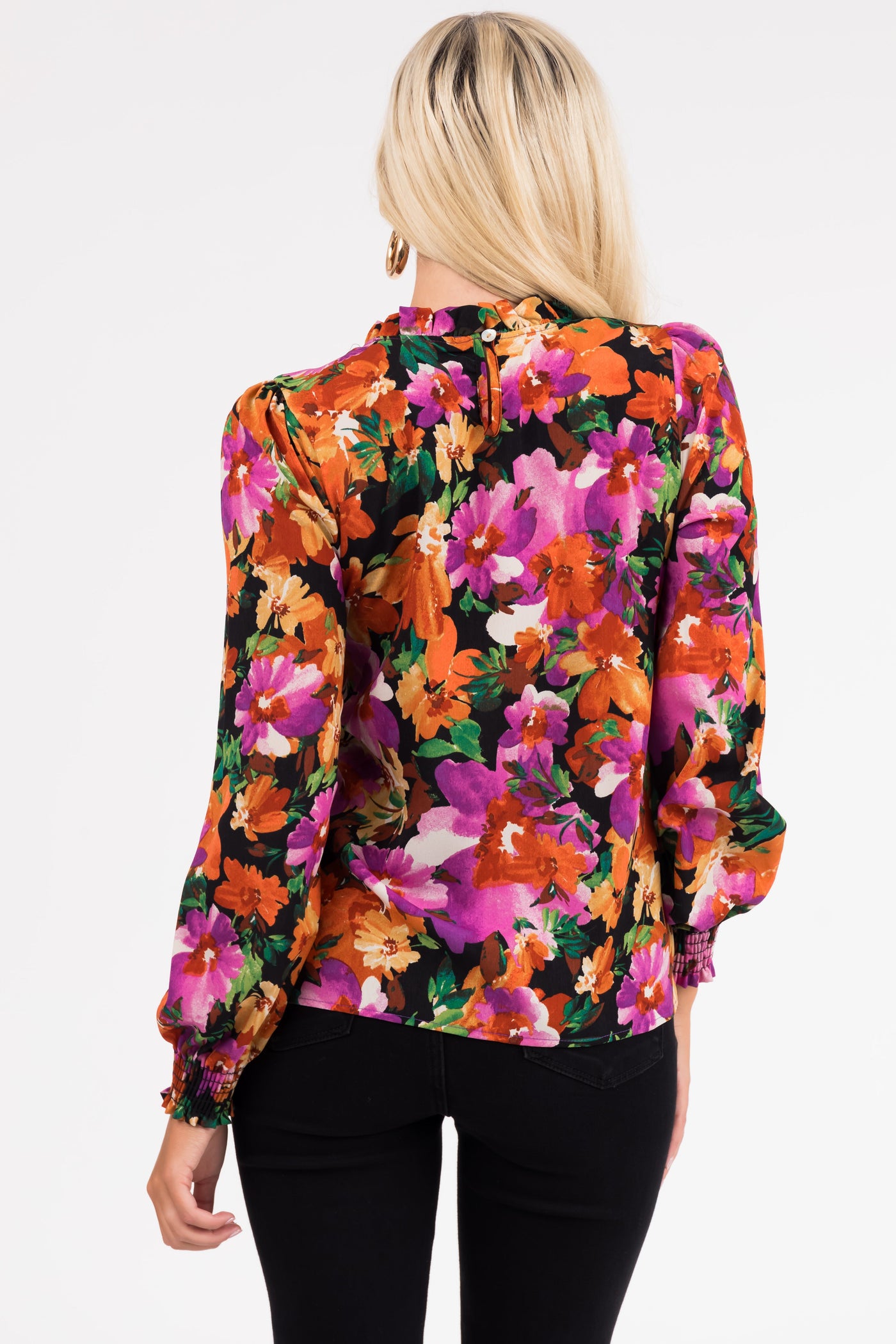 Black Floral Print Bubble Sleeve Blouse