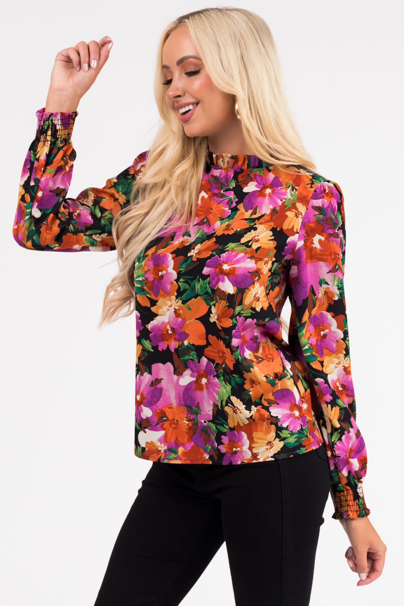 Black Floral Print Bubble Sleeve Blouse
