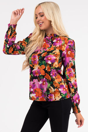 Black Floral Print Bubble Sleeve Blouse