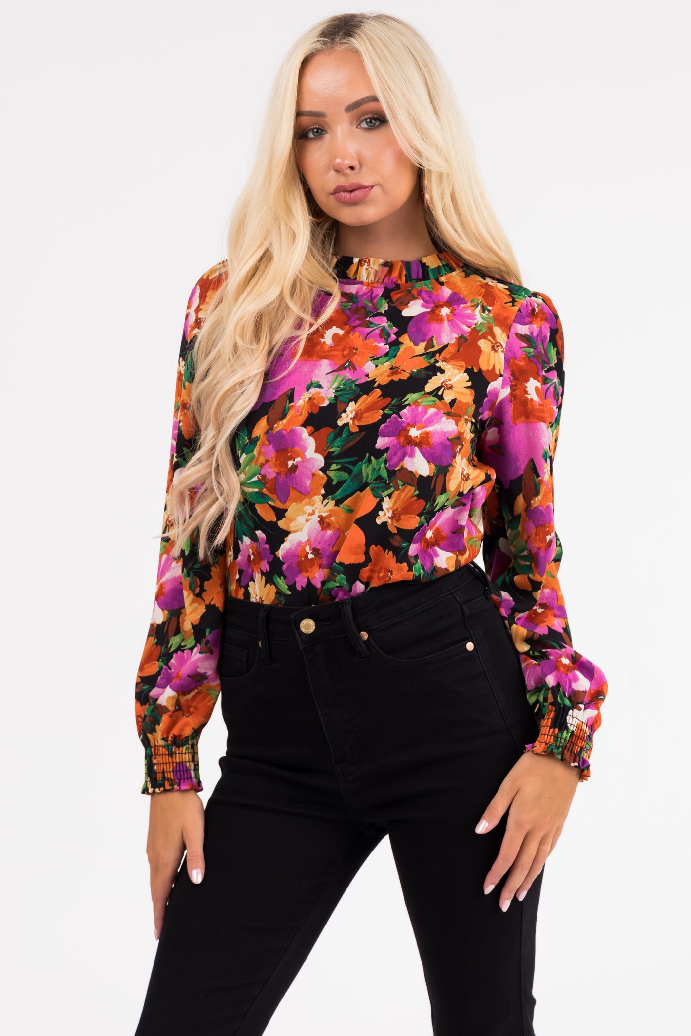 Black Floral Print Bubble Sleeve Blouse