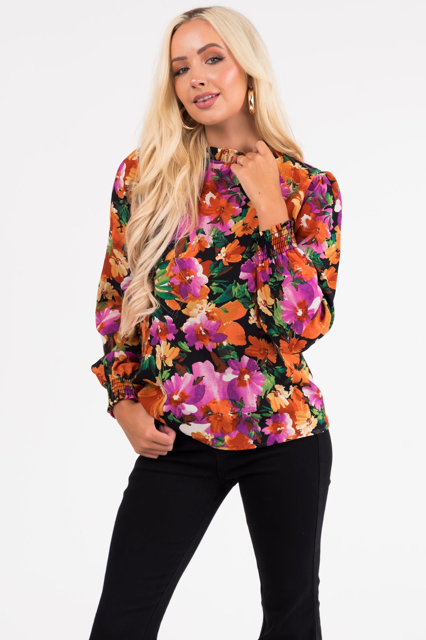 Black Floral Print Bubble Sleeve Blouse
