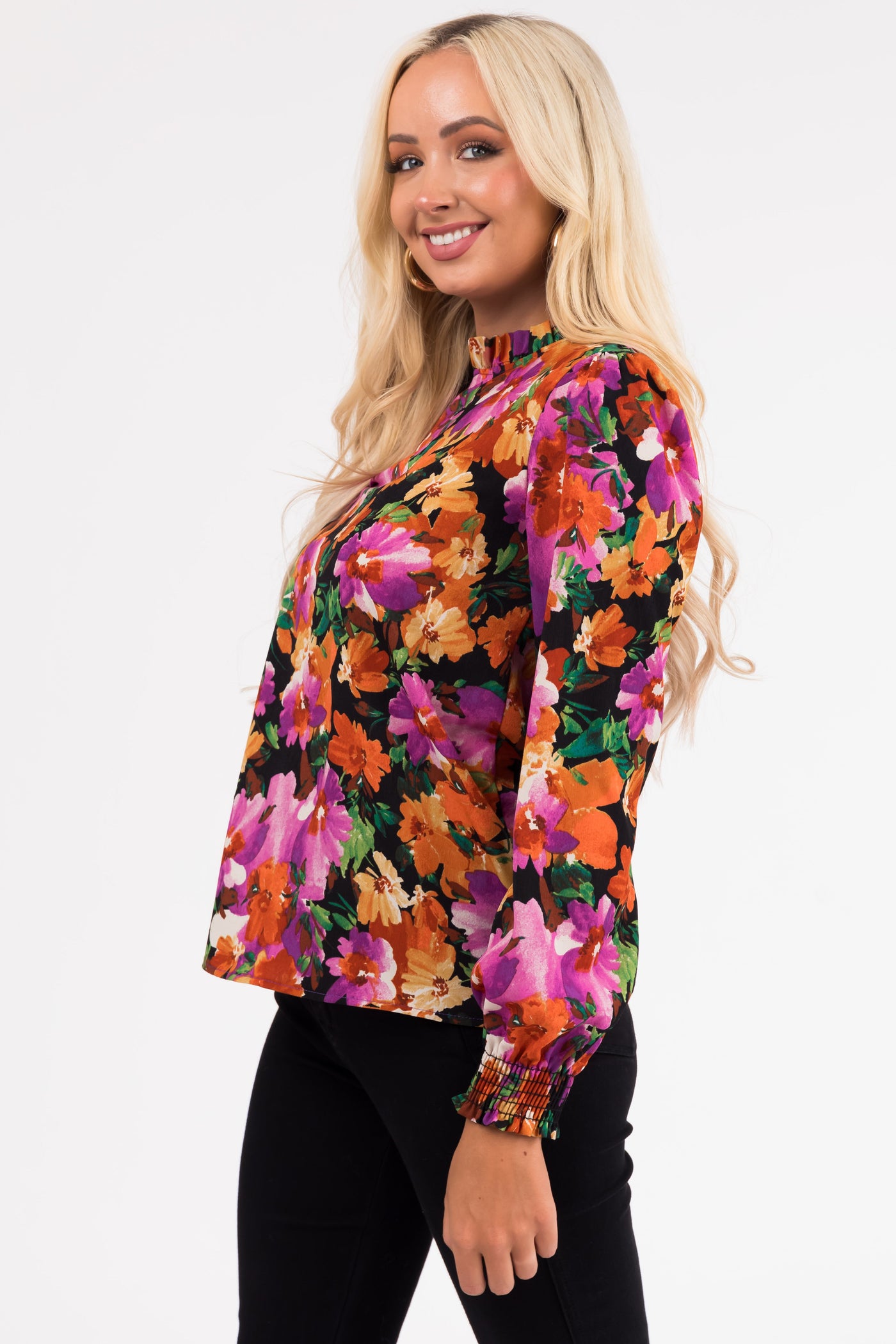 Black Floral Print Bubble Sleeve Blouse