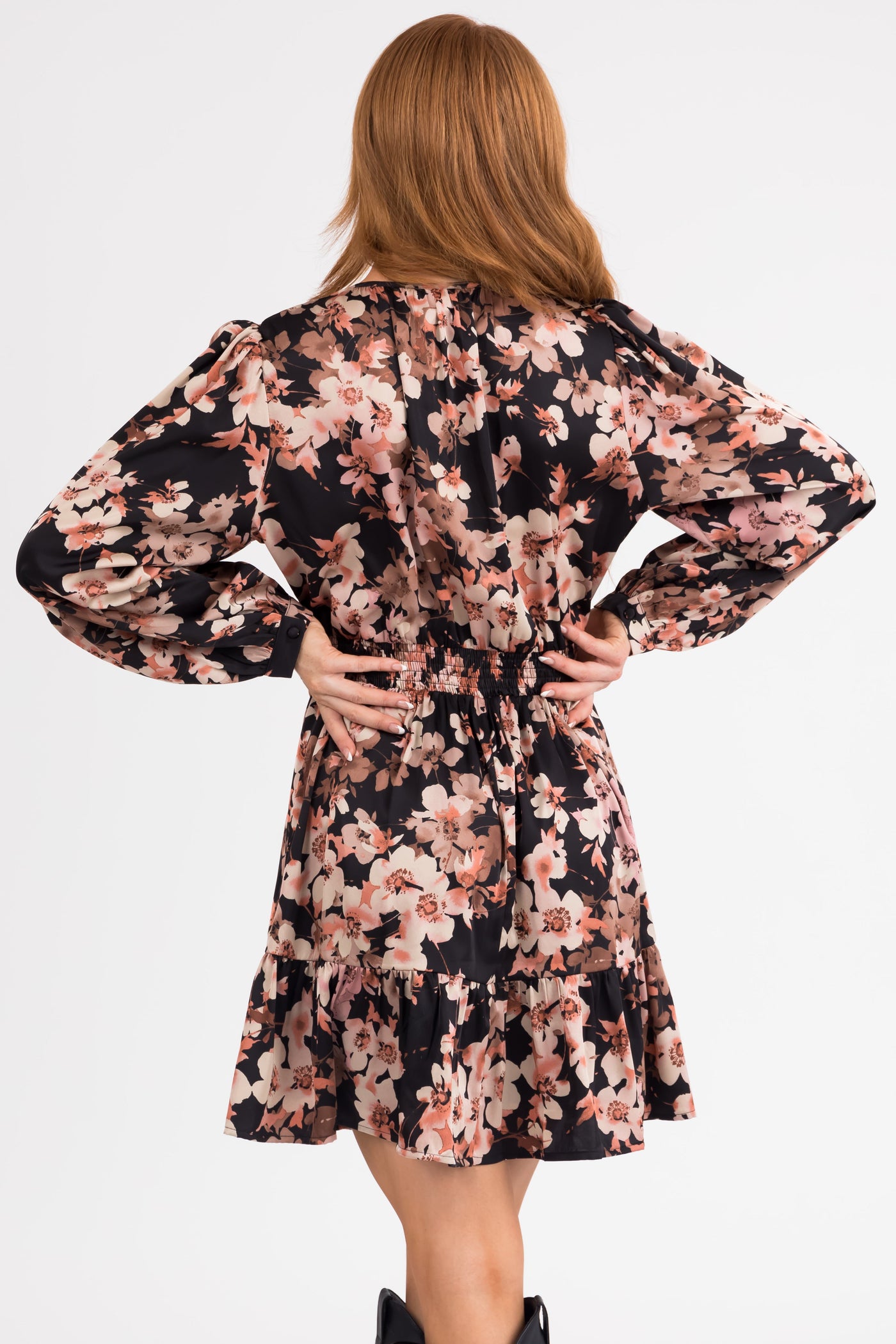 Black Floral Print Ruffle Hem Mini Dress