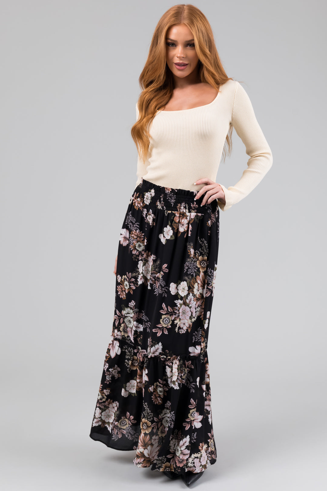 Black Floral Print Smocked Waist Maxi Skirt
