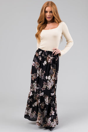 Black Floral Print Smocked Waist Maxi Skirt