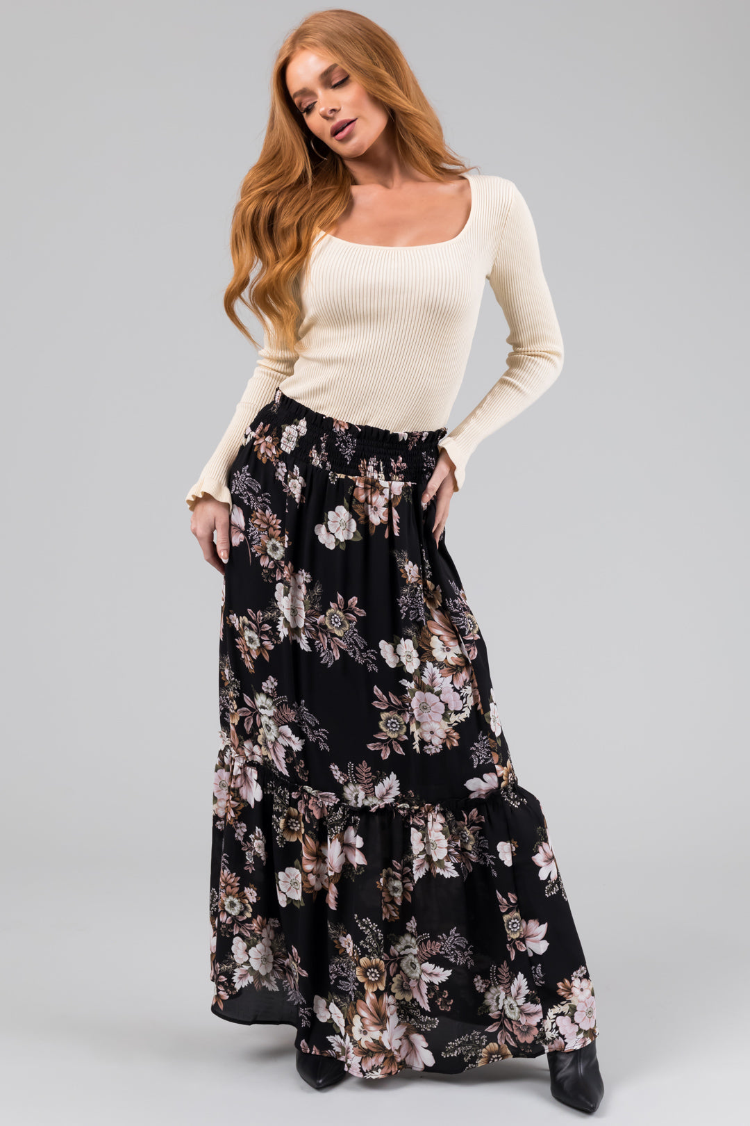 Black Floral Print Smocked Waist Maxi Skirt