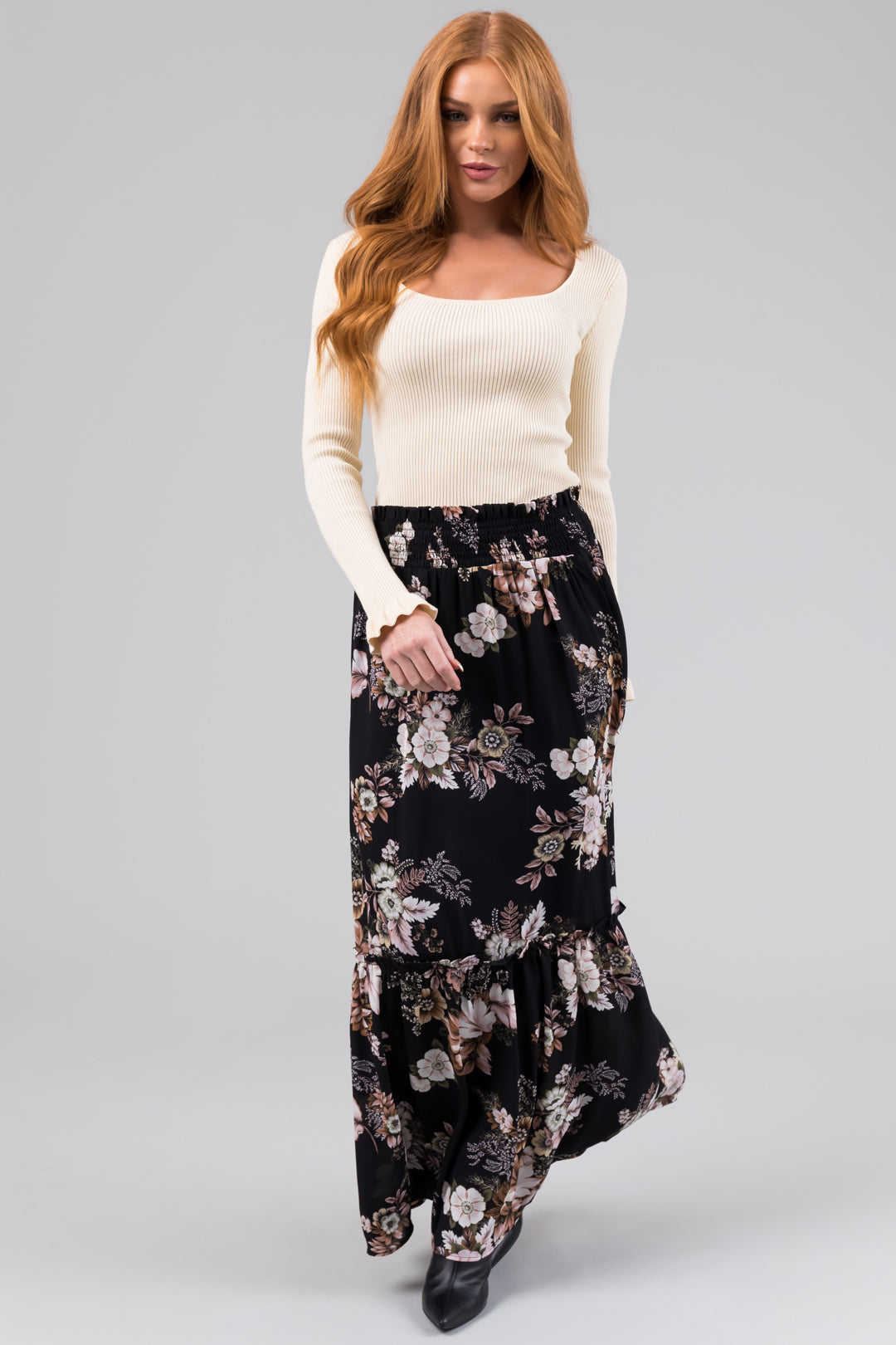 Black Floral Print Smocked Waist Maxi Skirt