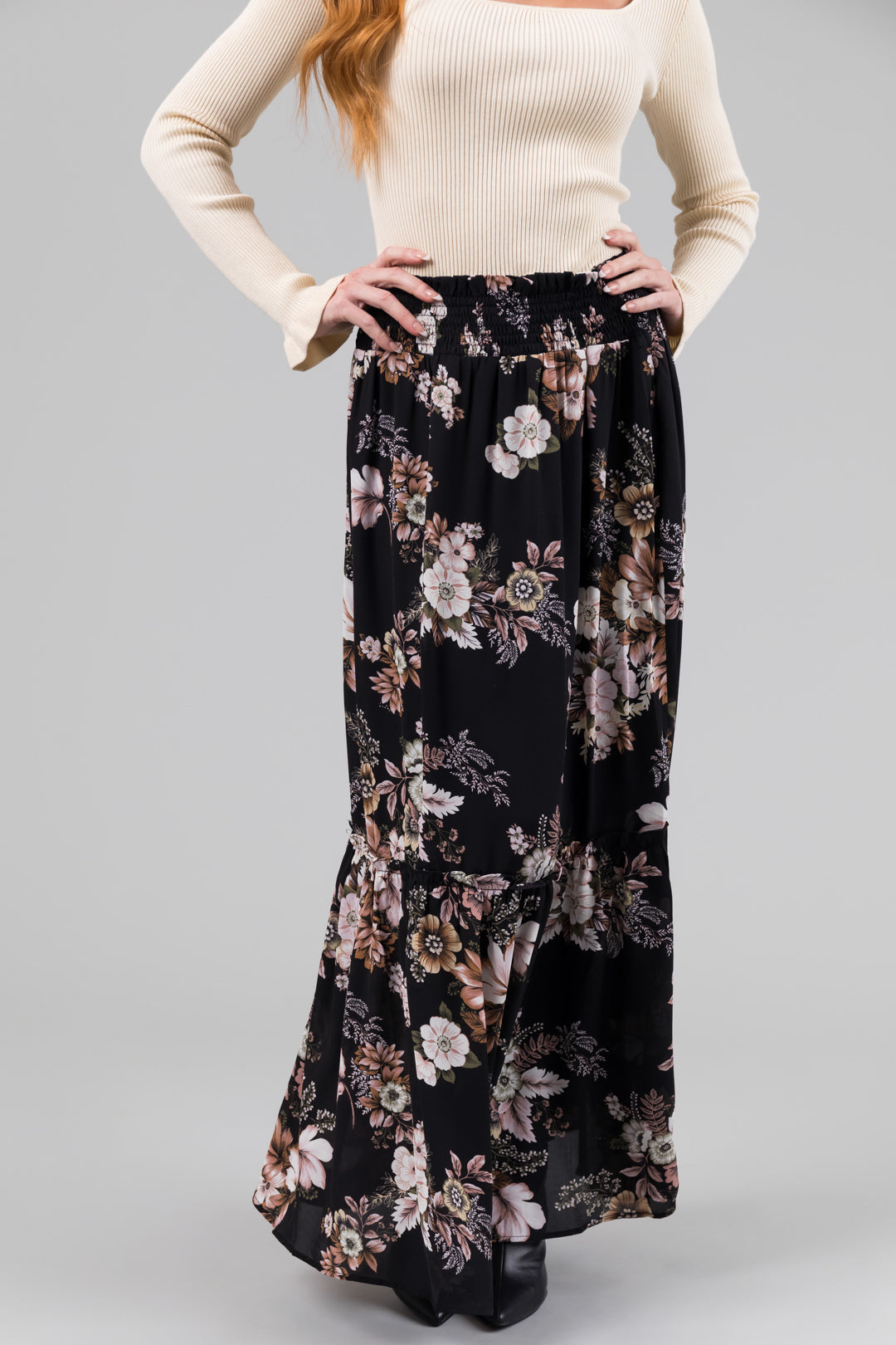 Black Floral Print Smocked Waist Maxi Skirt
