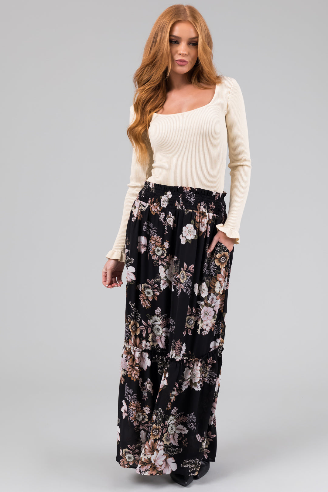 Black Floral Print Smocked Waist Maxi Skirt