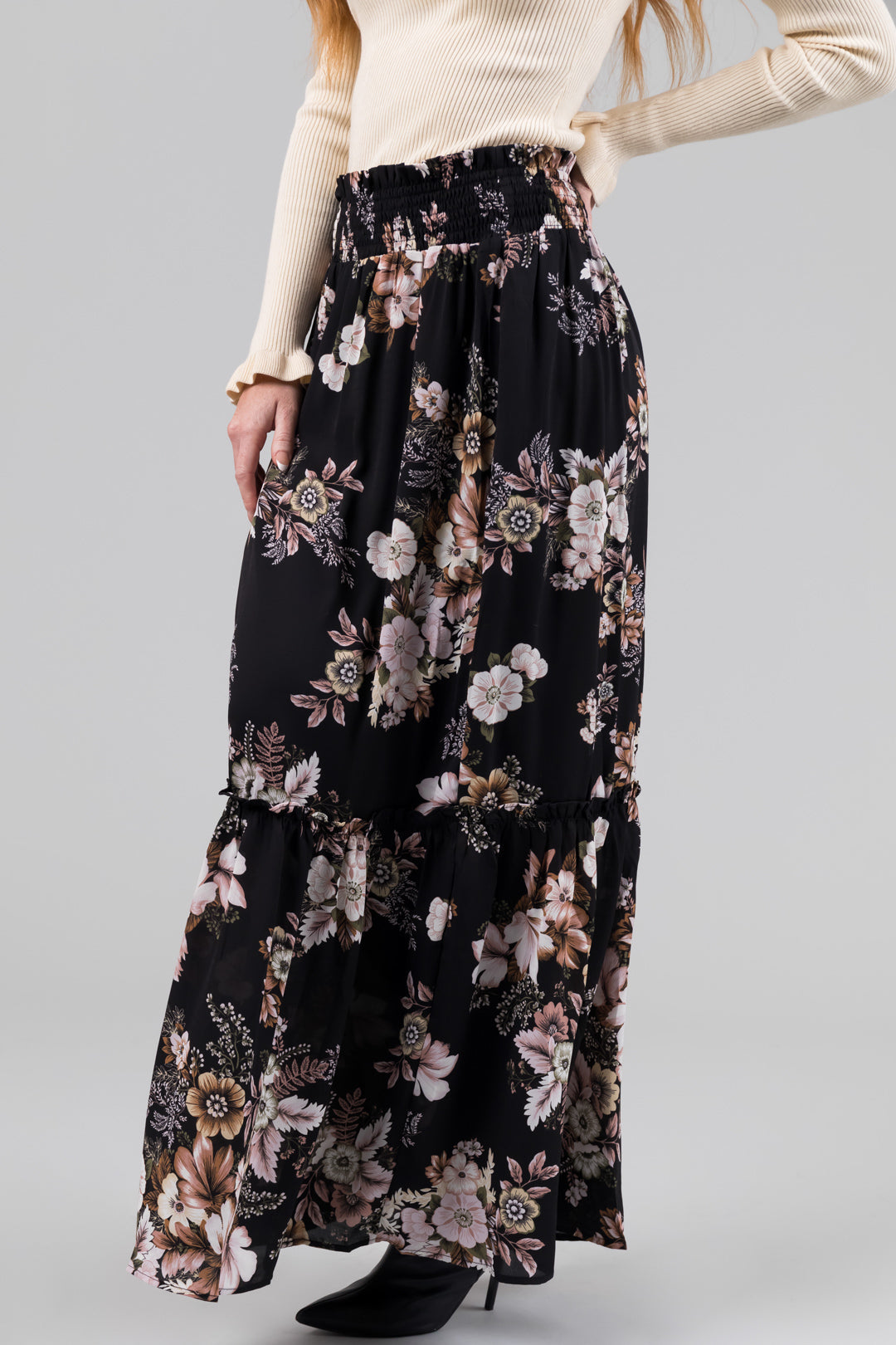 Black Floral Print Smocked Waist Maxi Skirt