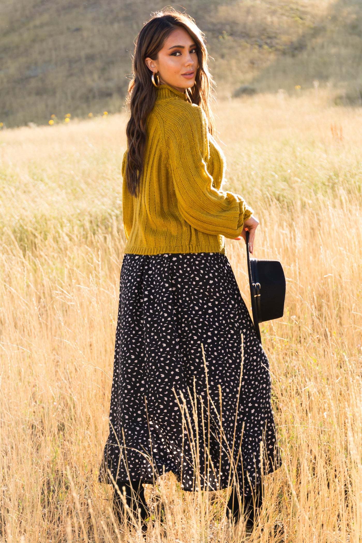 Black Flowy Animal Print Midi Skirt with Slit