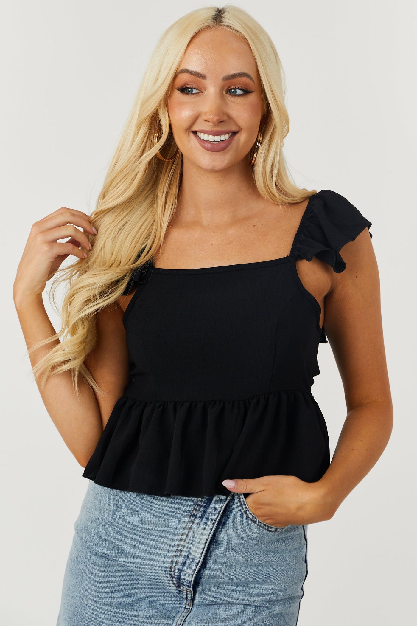 Black Flutter Sleeve Tie Back Peplum Blouse