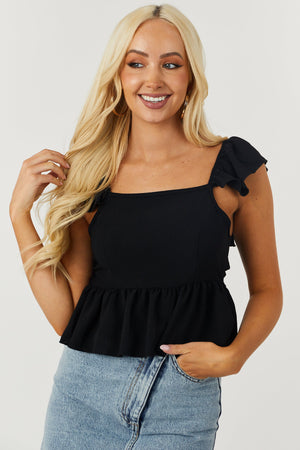 Black Flutter Sleeve Tie Back Peplum Blouse