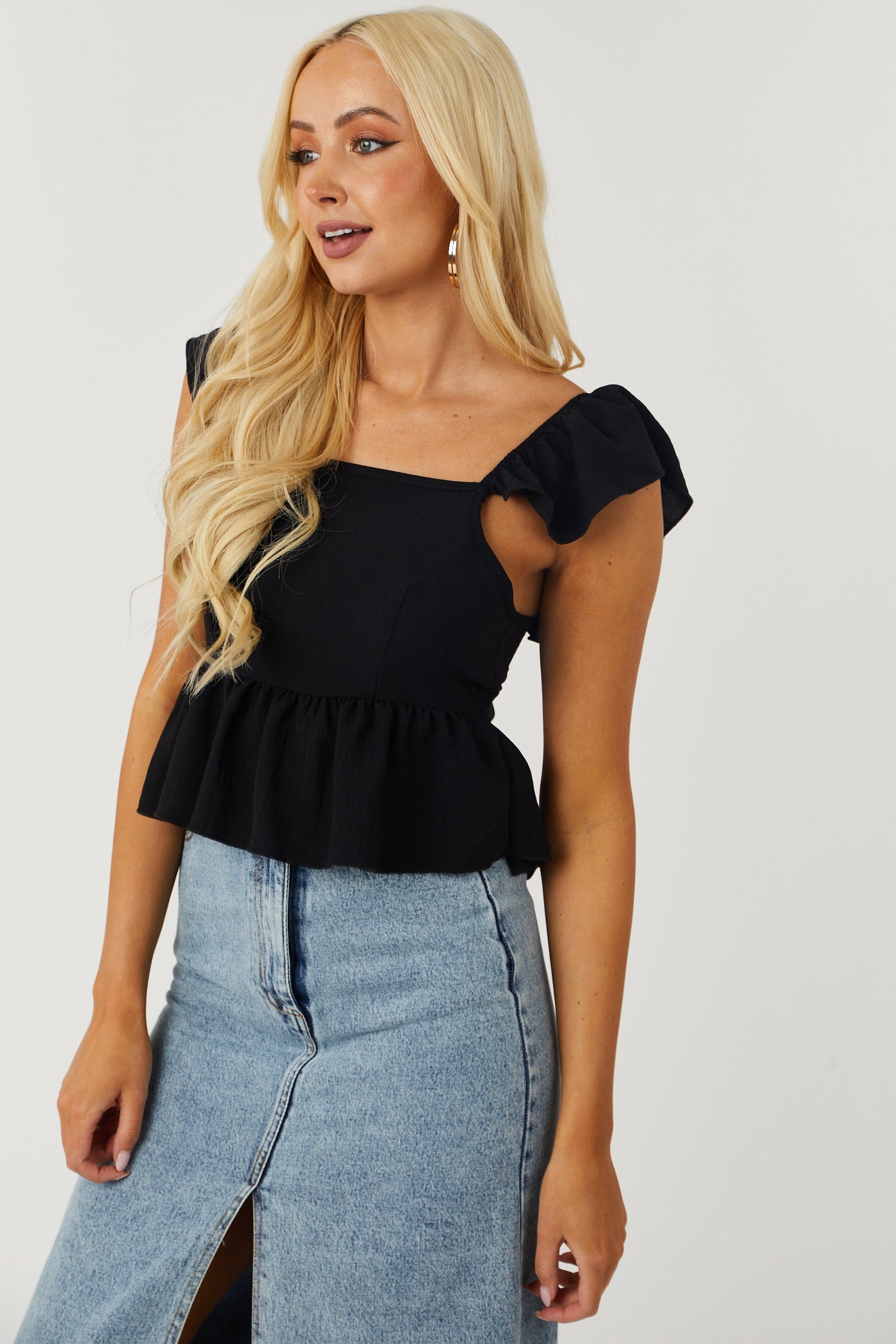 Black Flutter Sleeve Tie Back Peplum Blouse