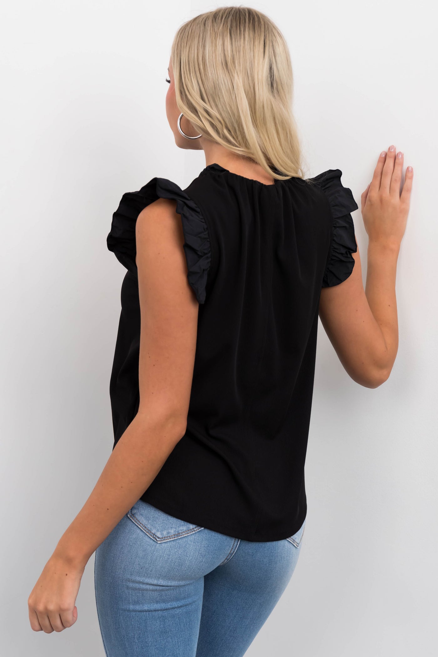 Black Frill Trim Contrast Ribbed Knit Top