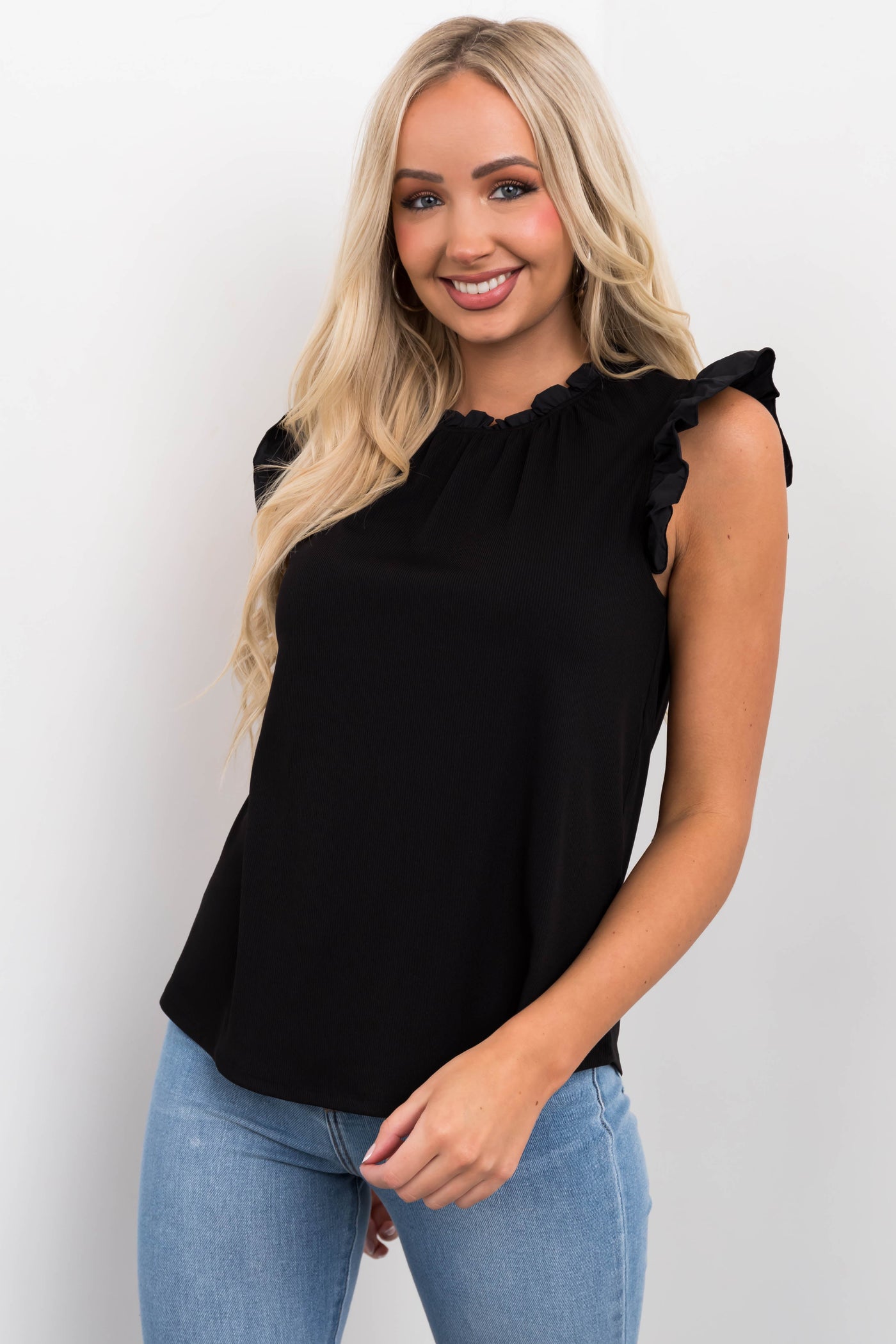Black Frill Trim Contrast Ribbed Knit Top