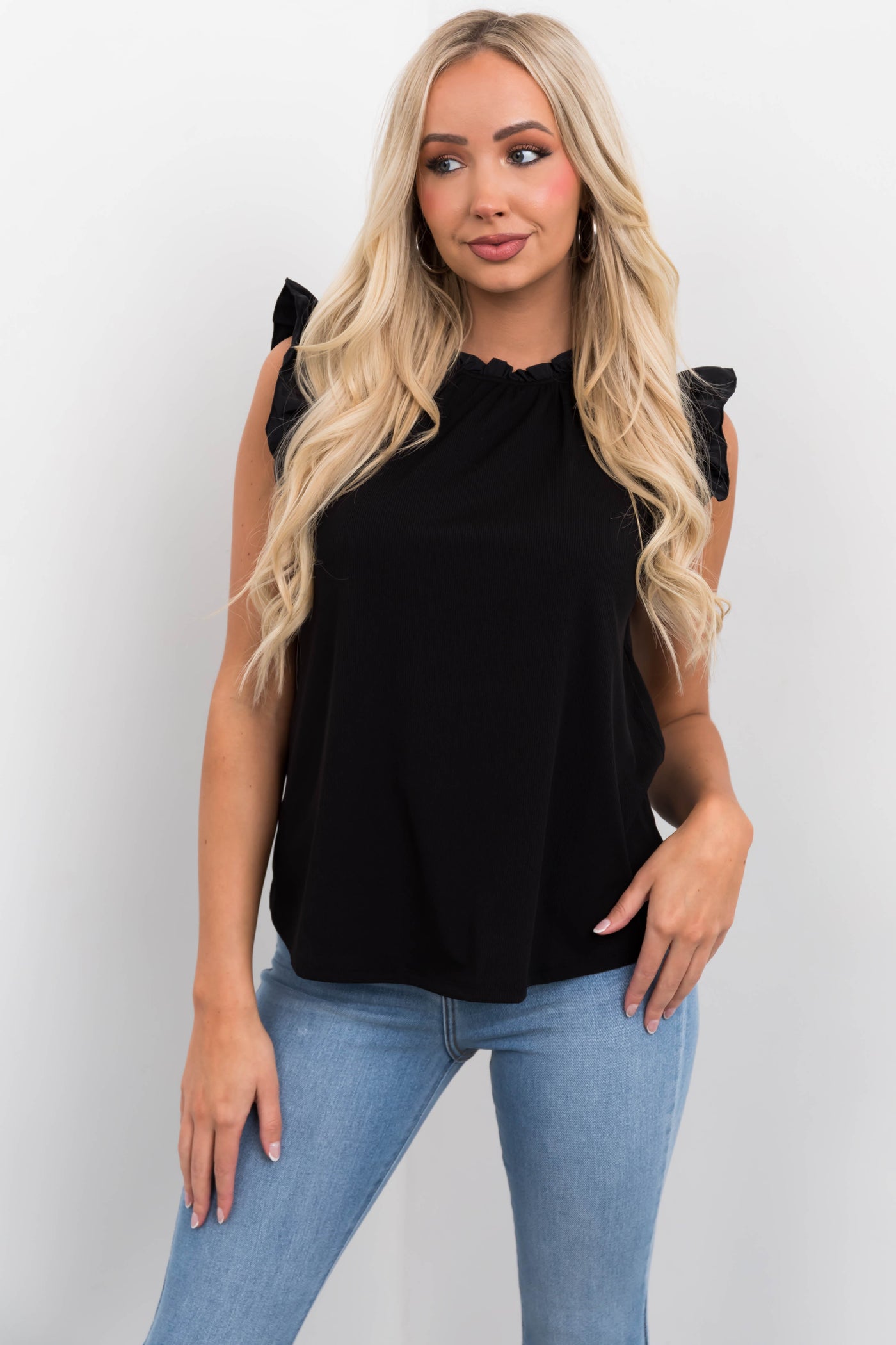 Black Frill Trim Contrast Ribbed Knit Top