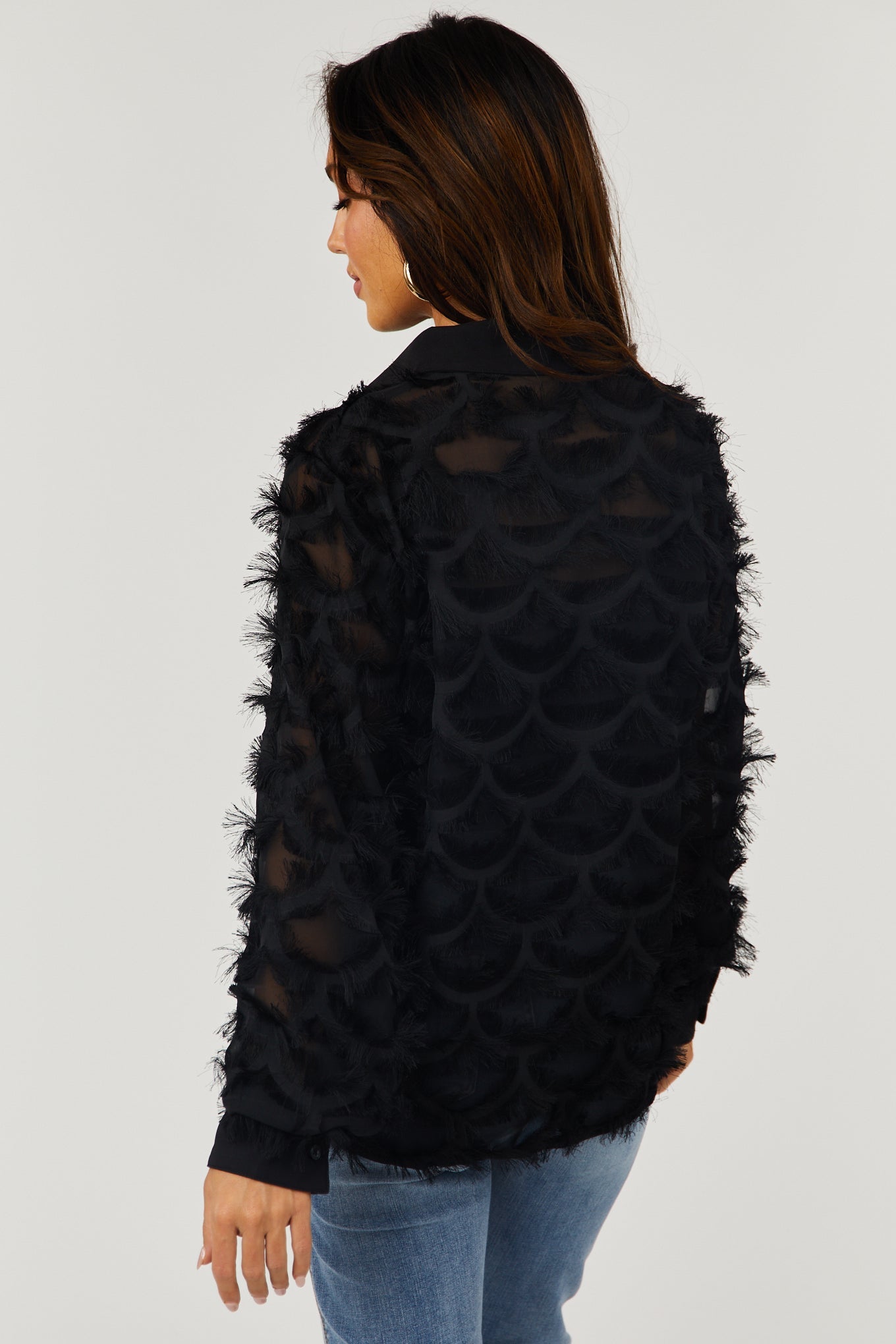 Black Fringe Collared Button Up Blouse