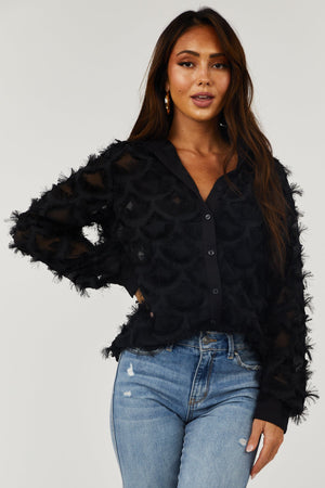 Black Fringe Collared Button Up Blouse