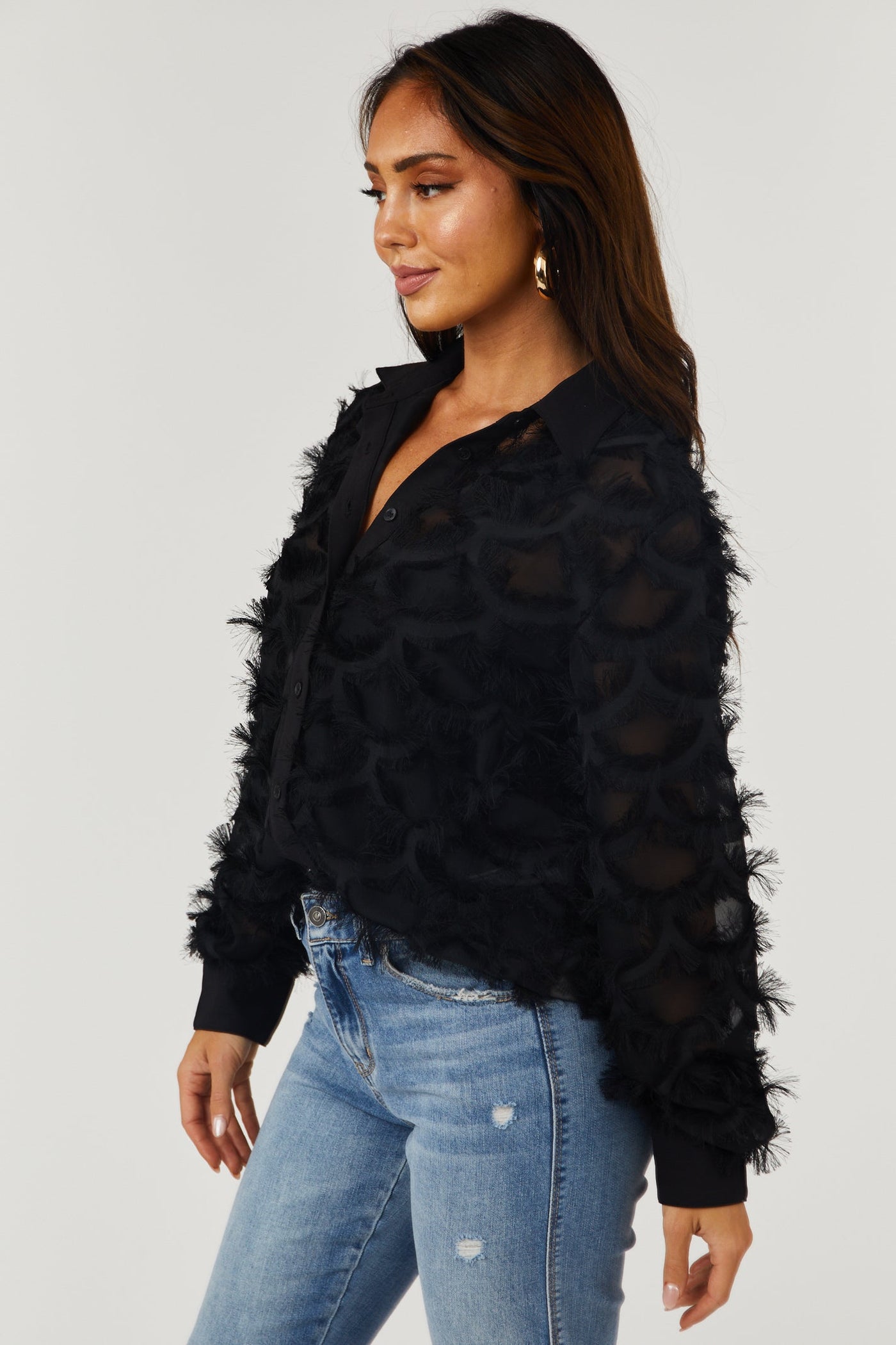 Black Fringe Collared Button Up Blouse