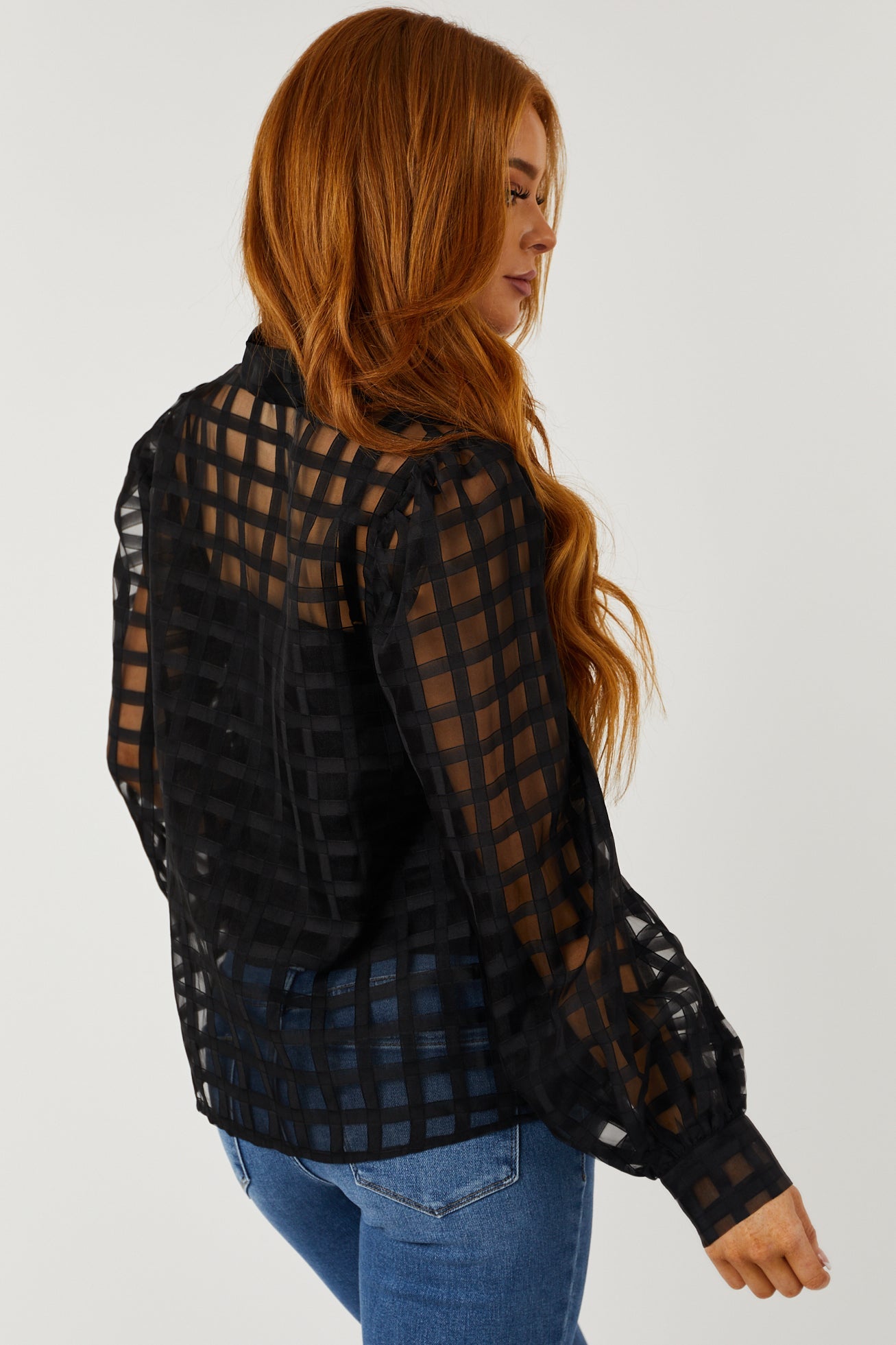 Black Gingham Jacquard Button Up Blouse