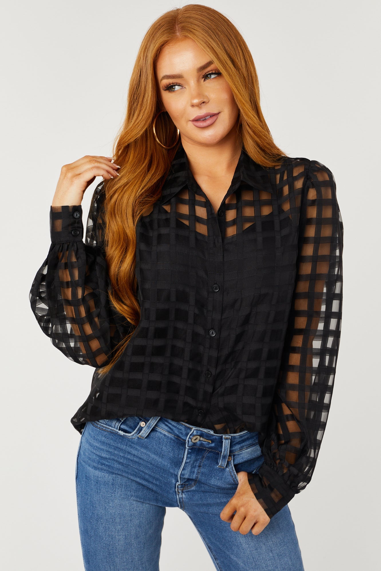 Black Gingham Jacquard Button Up Blouse