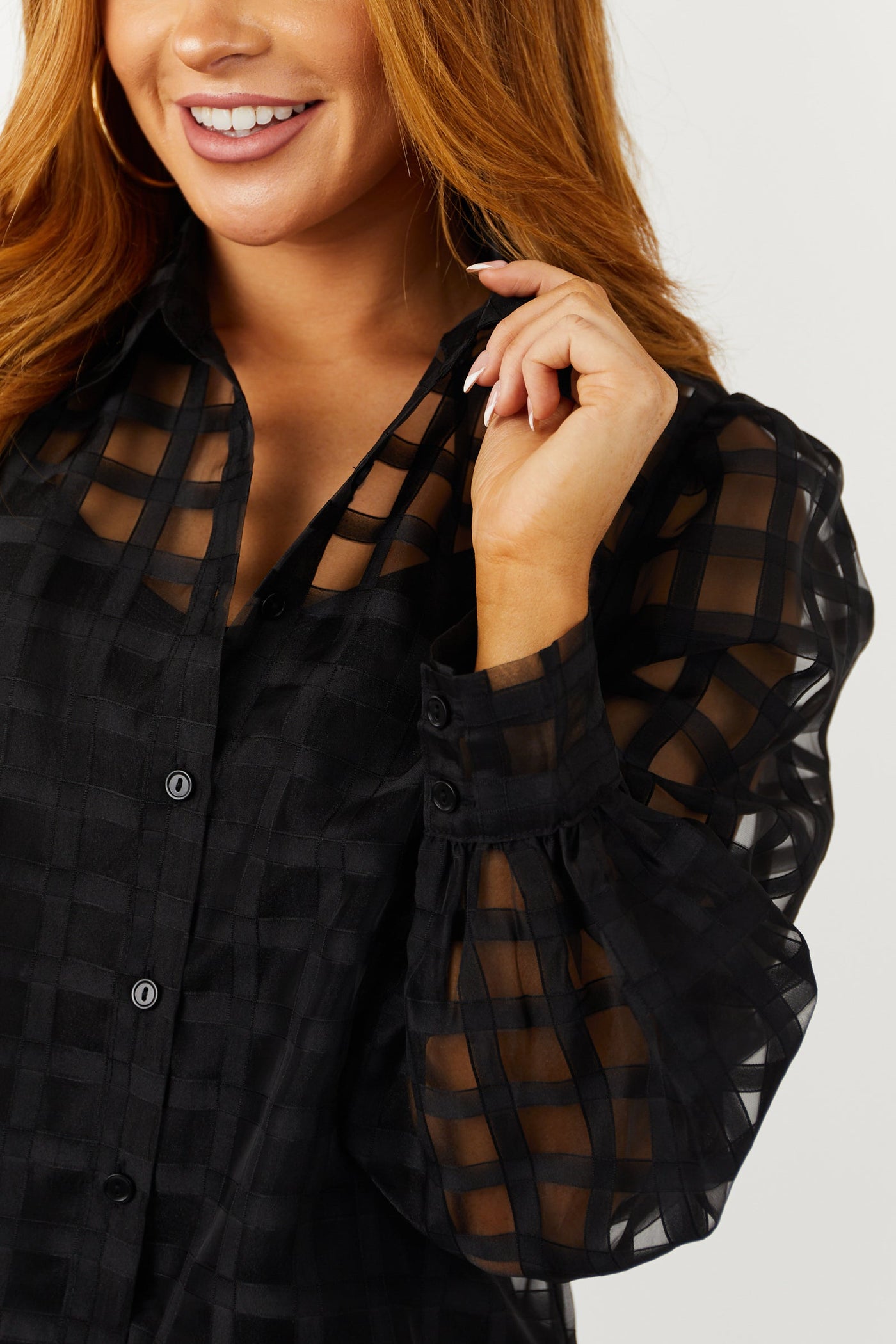 Black Gingham Jacquard Button Up Blouse