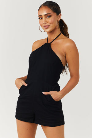 Black Halter Back Tie Smocked Back Romper
