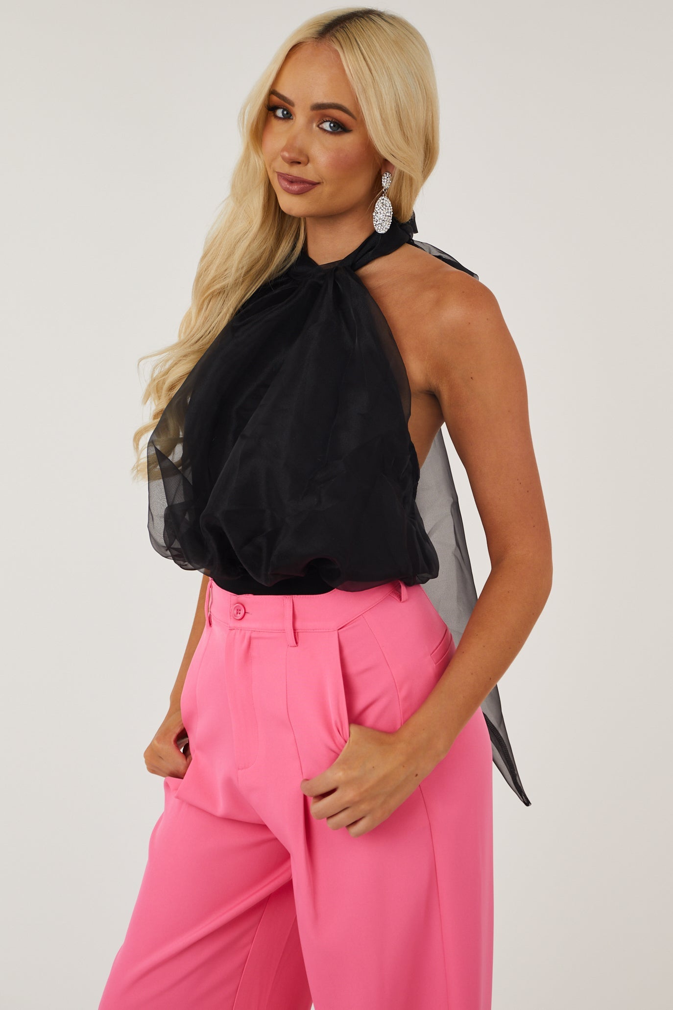 Black Halter Bow Tie Organza Fabric Bodysuit