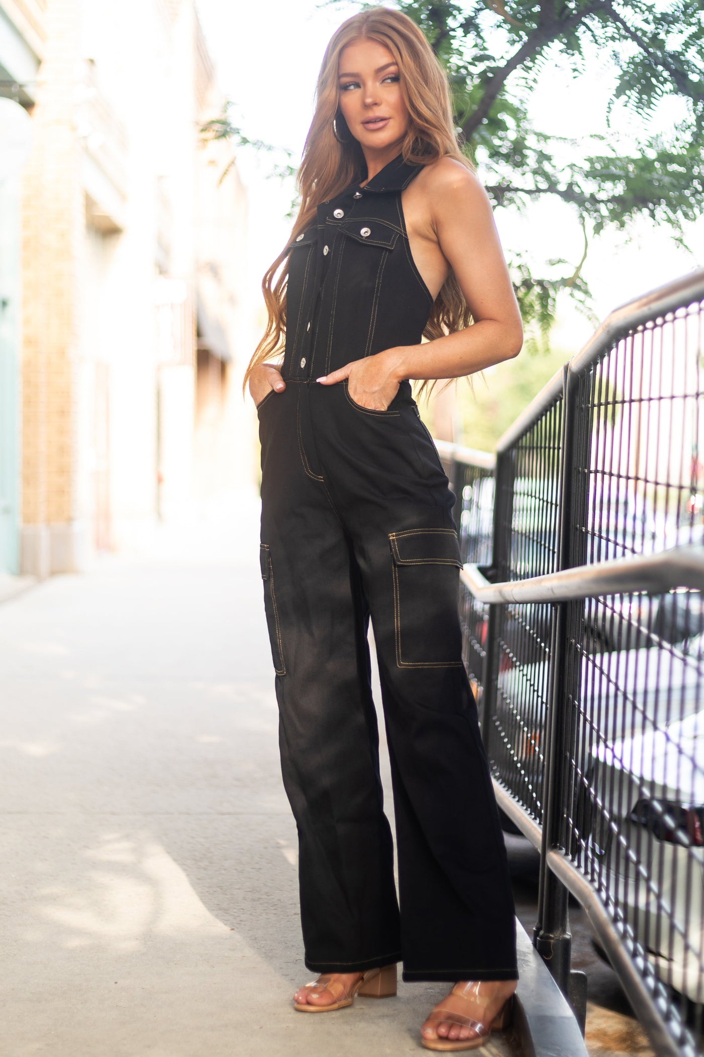 Black Halter Button Up Denim Cargo Jumpsuit