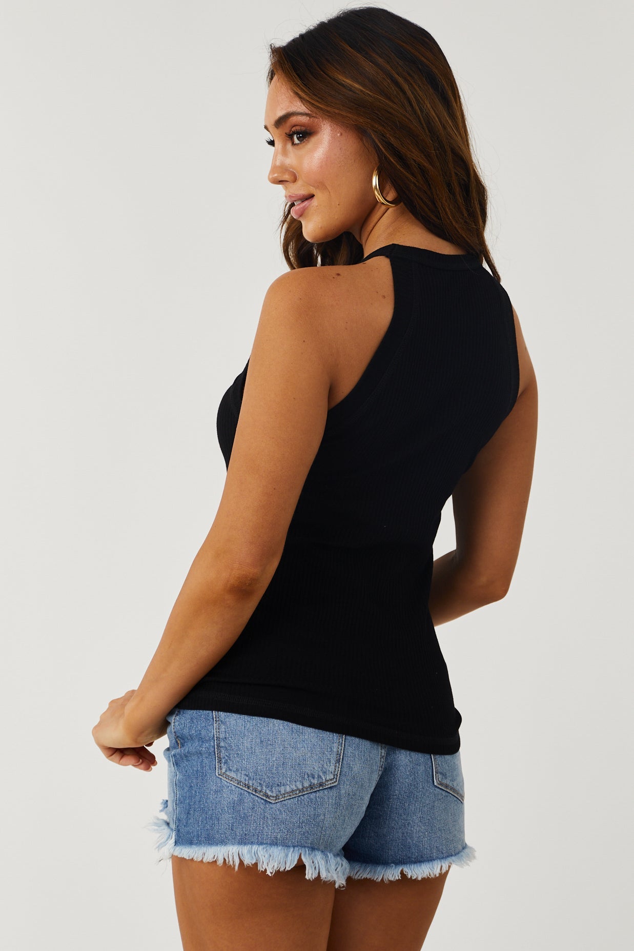 Black Halter Neck Ribbed Tank Top