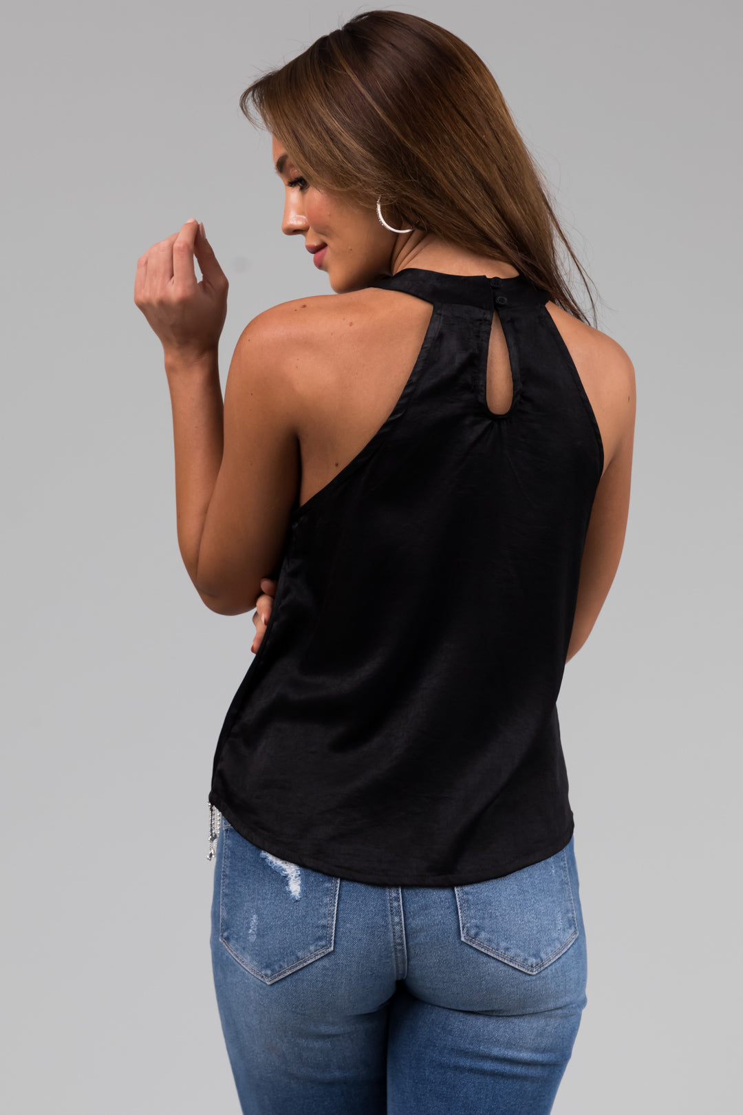 Black Halter Satin Blouse with Rhinestone Hem
