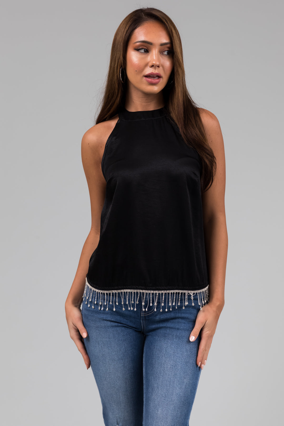 Black Halter Satin Blouse with Rhinestone Hem