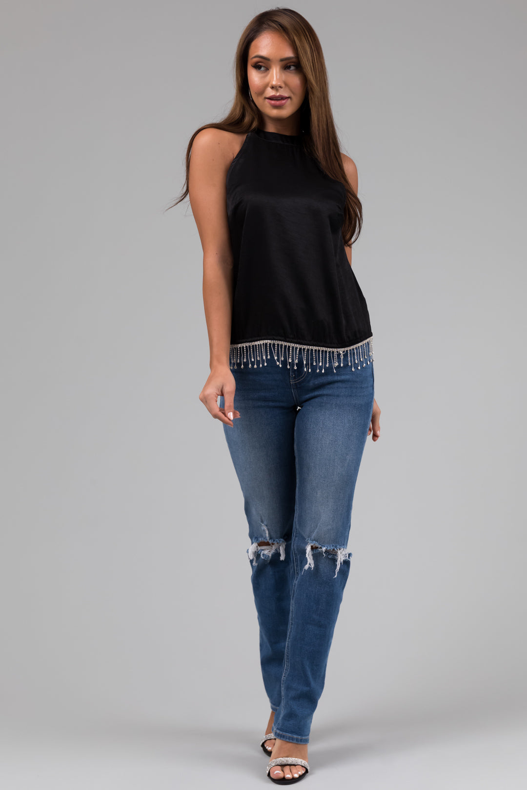 Black Halter Satin Blouse with Rhinestone Hem