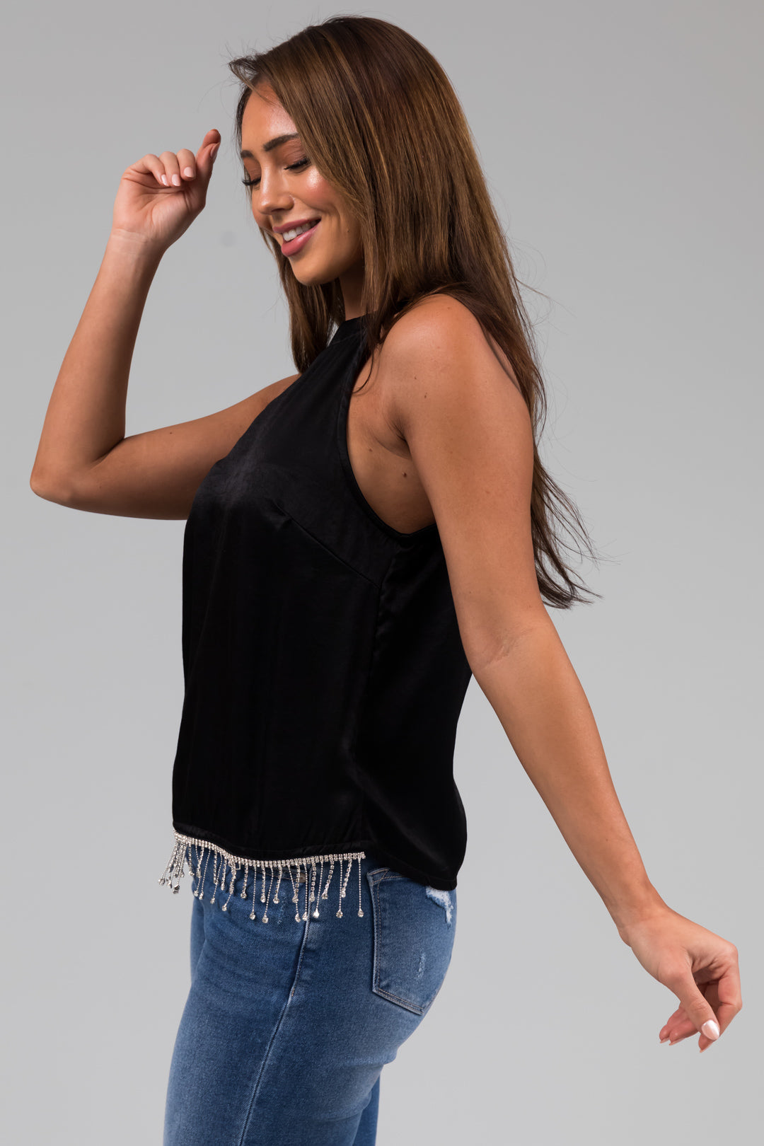 Black Halter Satin Blouse with Rhinestone Hem
