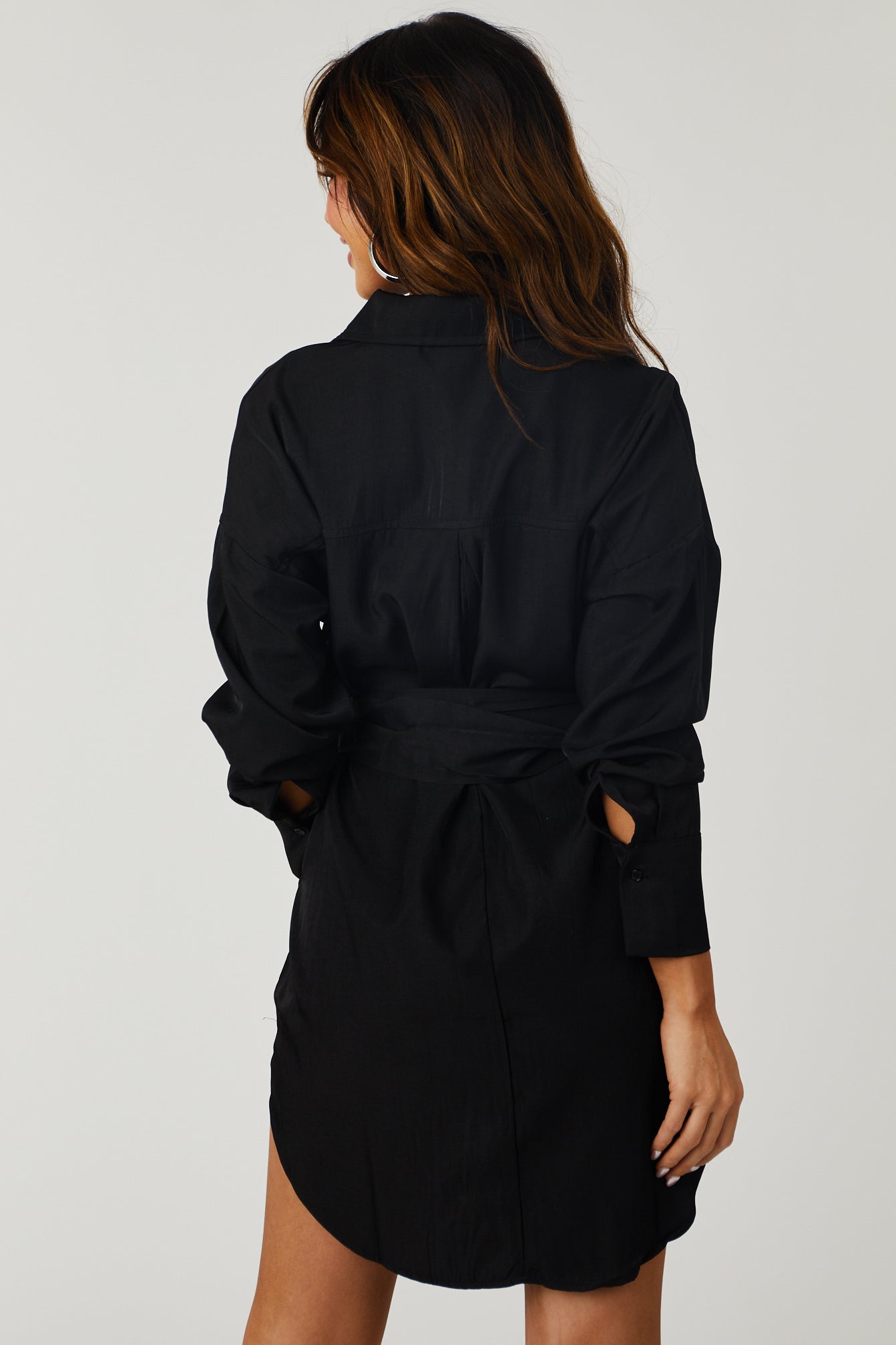 Black High Low Button Down Belted Shirt Dress