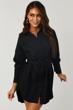 Black High Low Button Down Belted Shirt Dress
