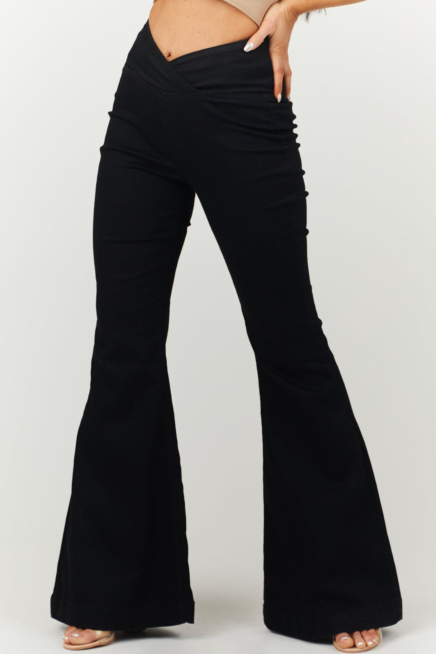 Black High Rise Crossover Waist Flare Jeans